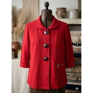 Ali Miles Red Knit Jacket Large Art to Wear Lagenlook Funky Buttons Zip Detail